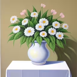 a painting of flowers in a blue and white vase,a painting of a vase filled with white flowers