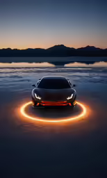a white car on a lake lit by lights