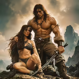 a man and a woman posing with a sword