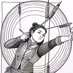 a girl is shooting a bow at something,a woman standing with an arrow next to a target,a lady is aiming an arrow at the target,a drawing of a woman aiming a bow,an asian drawing of a woman aiming a bow with two arrows