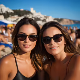 two woman in bikinis posing at a beach