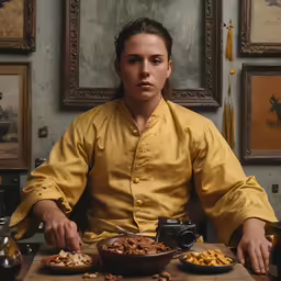 a young woman sitting in front of some food