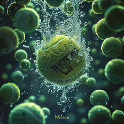 water bubbles surrounding a green tennis ball with the number 99 on it,the cover for a book with green ball floating over it