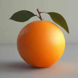 an orange with leaves on it sitting upright