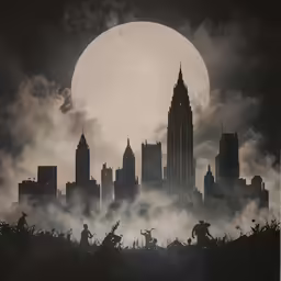 a city with lots of fog and tall buildings