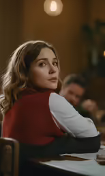 a woman with long curly hair wearing a red sweater and sitting in front of some food