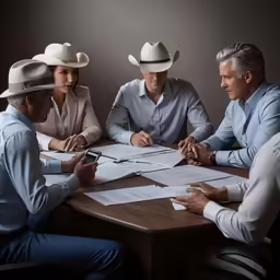 four people wearing hats are sitting at a table