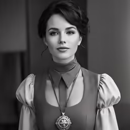a black and white photo of a woman wearing a dress