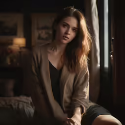 a beautiful woman sitting on a bed in a room