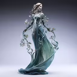 a woman wearing a dress with floral designs,a glass statue that looks like a woman with long dress and flowers