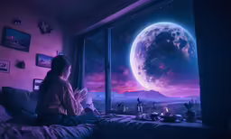 a person sitting on a bed looking at the moon