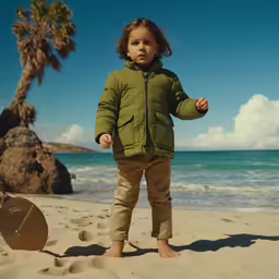 a small child standing on top of a sandy beach