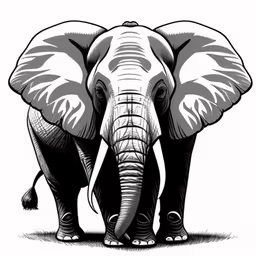 black and white drawing of a elephant with large tusks,an elephant standing in the grass with his trunk up