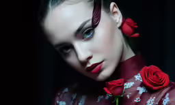 woman with long dark hair and a red floral dress with her eyes half closed