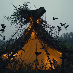a tent covered in vines with bats flying over it