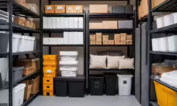 a group of shelves filled with lots of boxes and supplies