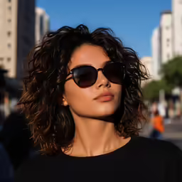 a woman in the city with her sunglasses on