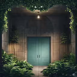 a green door sitting in the middle of a room