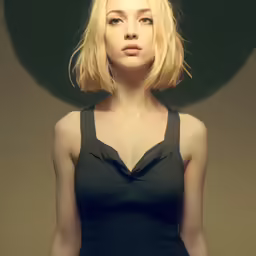 a woman with long blond hair, wearing a black top