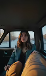 a woman sits in the back seat of a car