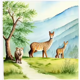 two deer and one bear are on the hillside with mountains in the background