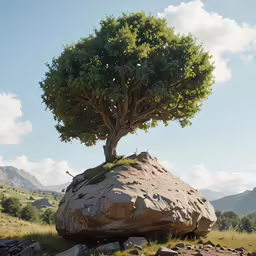 an art work of a tree growing out of a rock