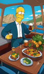 a cartoon picture of a simpsons eating and drinking beer,a person holding a mug and eating pizza and drinking beer