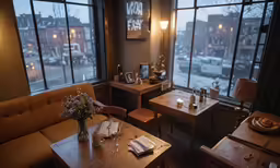there are two coffee tables and two benches in the restaurant