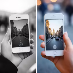 someone taking their iphone pictures of the city and the street