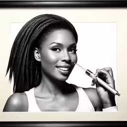 woman with toothbrush and pencil smiling in black and white