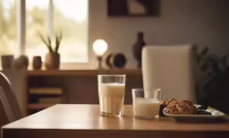 a dining room table with two glasses of milk and cookies