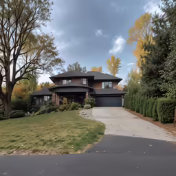 a house with two driveways on the side in a wooded area