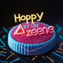 a small cake that is decorated with the words happy birthday and a neon sign
