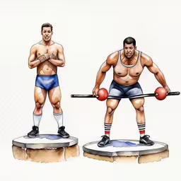an illustration of two men with different weight groups,watercolor of two men doing a split while lifting a barbell,two men with their arms raised, standing on different stages of lifting balls,a drawing of a sumo wrestler with two other wrestlers holding their hands behind them,two men with big muscles performing exercises on one another
