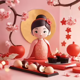 a small doll is posed in front of an array of sweets