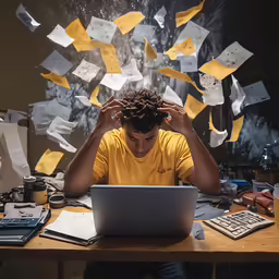 the man is working on his laptop at his desk