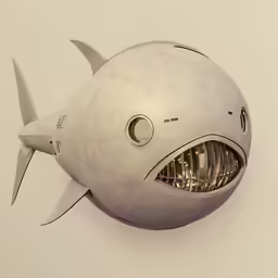 a metal shark head on the side of a wall