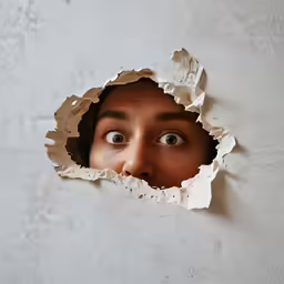 there is a person sticking their head through a hole in the wall