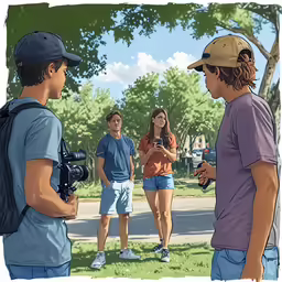 three guys and a woman with a camera in the park