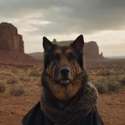 a big brown dog in the desert with a cloudy sky
