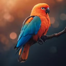 an orange and blue bird is perched on a branch