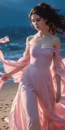 a beautiful woman is walking along the beach