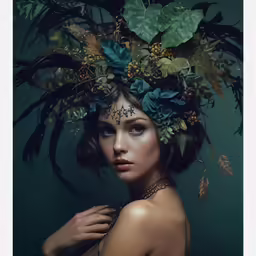 a portrait of a girl with flowers and feathers in her hair