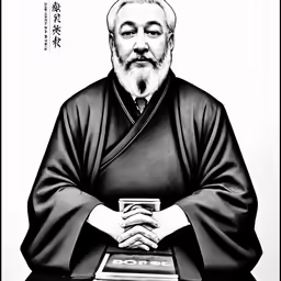 a black and white photo of an oriental man with arms crossed