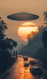 a futuristic landscape with vehicles on the road and a huge flying object