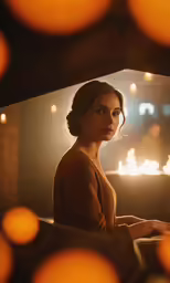 a woman is using a laptop in a dimly lit room
