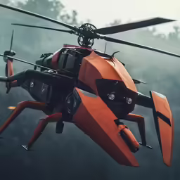 an orange helicopter is flying over a field