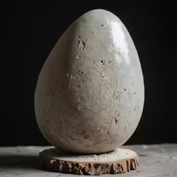 an egg stone standing on top of a wooden stand