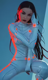 a woman wearing a white outfit is standing in a neon light