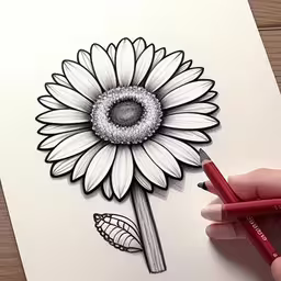 a drawing that resembles a sunflower with black outline on paper
